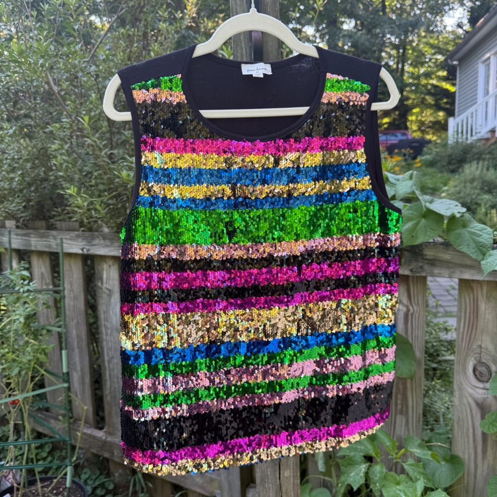 Free Kisses Rainbow Stripe Sequin Tank Top Women's XL Party Holiday Cruise Glam